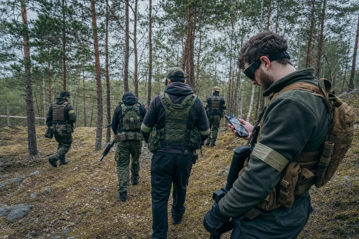 Страйкбольная команда движется по лесному полигону