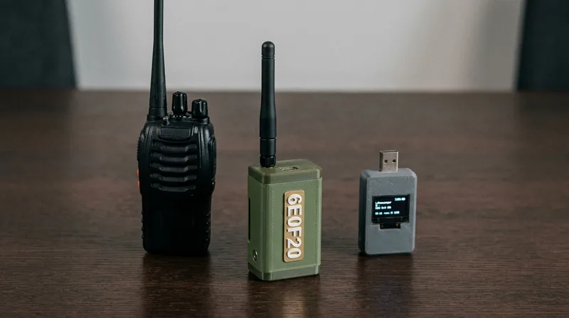 Рация, смартфон и Полевой Модуль - 1 рядом на тёмном фоне